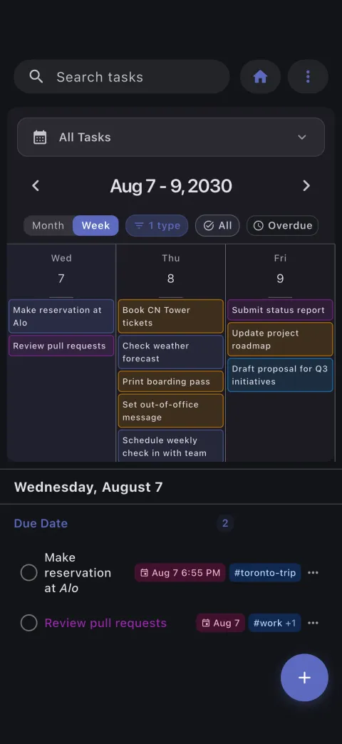 Obsidian task calendar view showing scheduled tasks, due dates, and timeline management for todo tracking