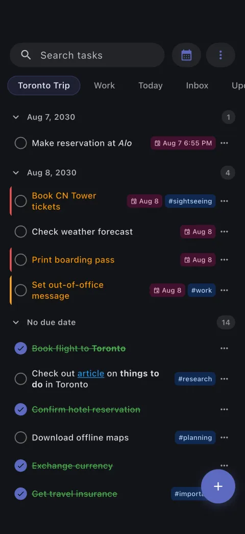 Obsidian task manager app showing task list with due dates, priorities, and Obsidian Tasks plugin compatibility